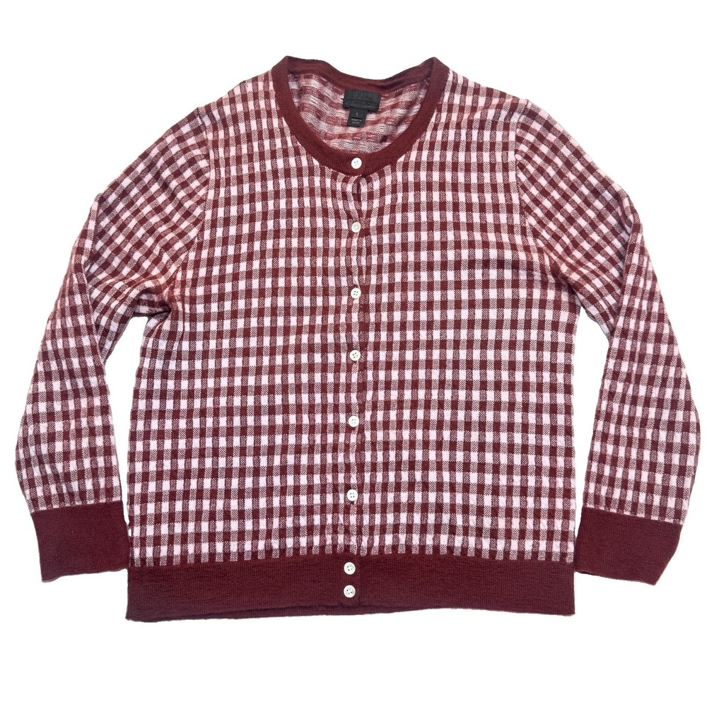 J. Crew Women 100% Italian Cashmere Sweater Cardigan L Featherweight Red Gingham - Picture 2 of 14